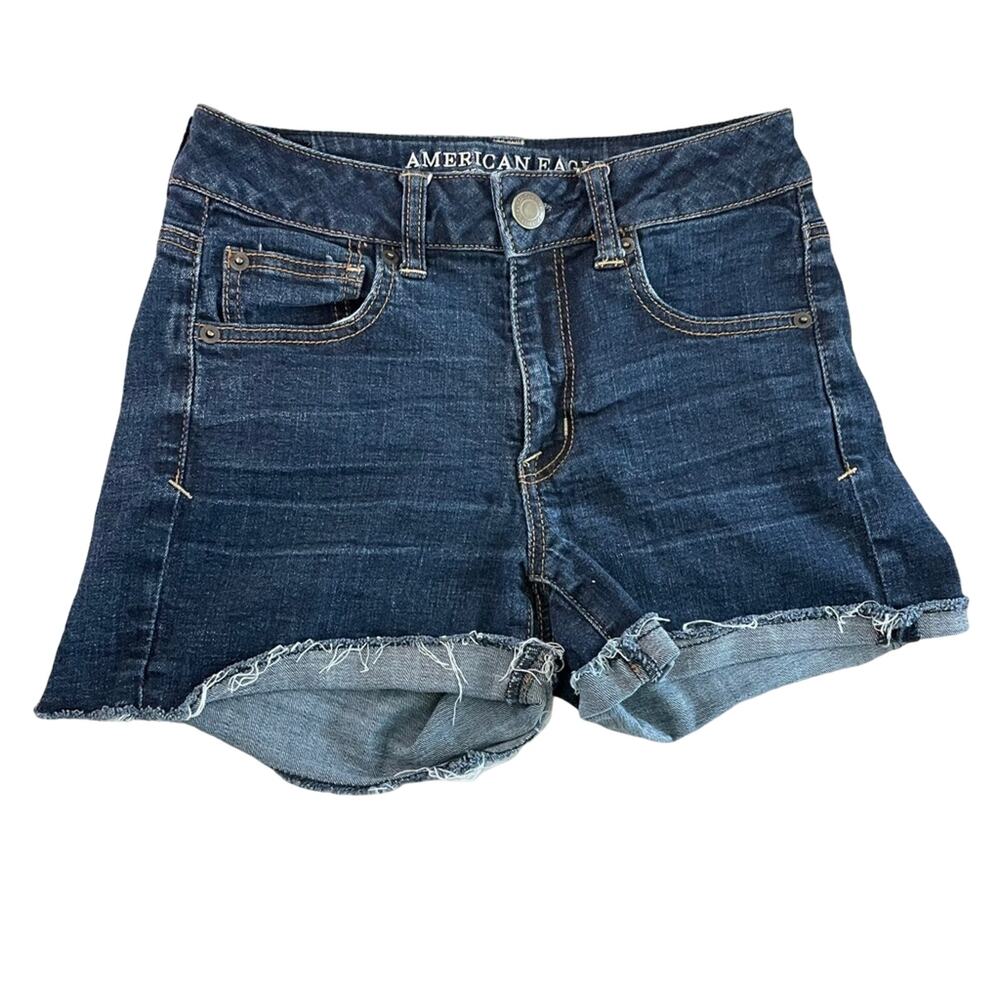 American Eagle Super Stretch Denim Shorts Raw Hem Dark Wash Size 4 Inseam 3.5"